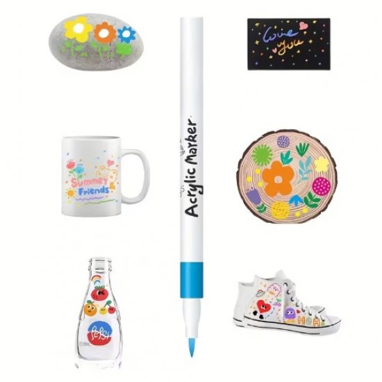 Acrylic markers,12 colors, quick-drying, with a rubber grip, suitable for all surfaces.